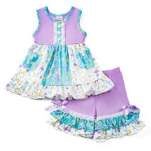 Boutique Floral Tunic Dress & Ruffle Shorts Girls Outfit Set